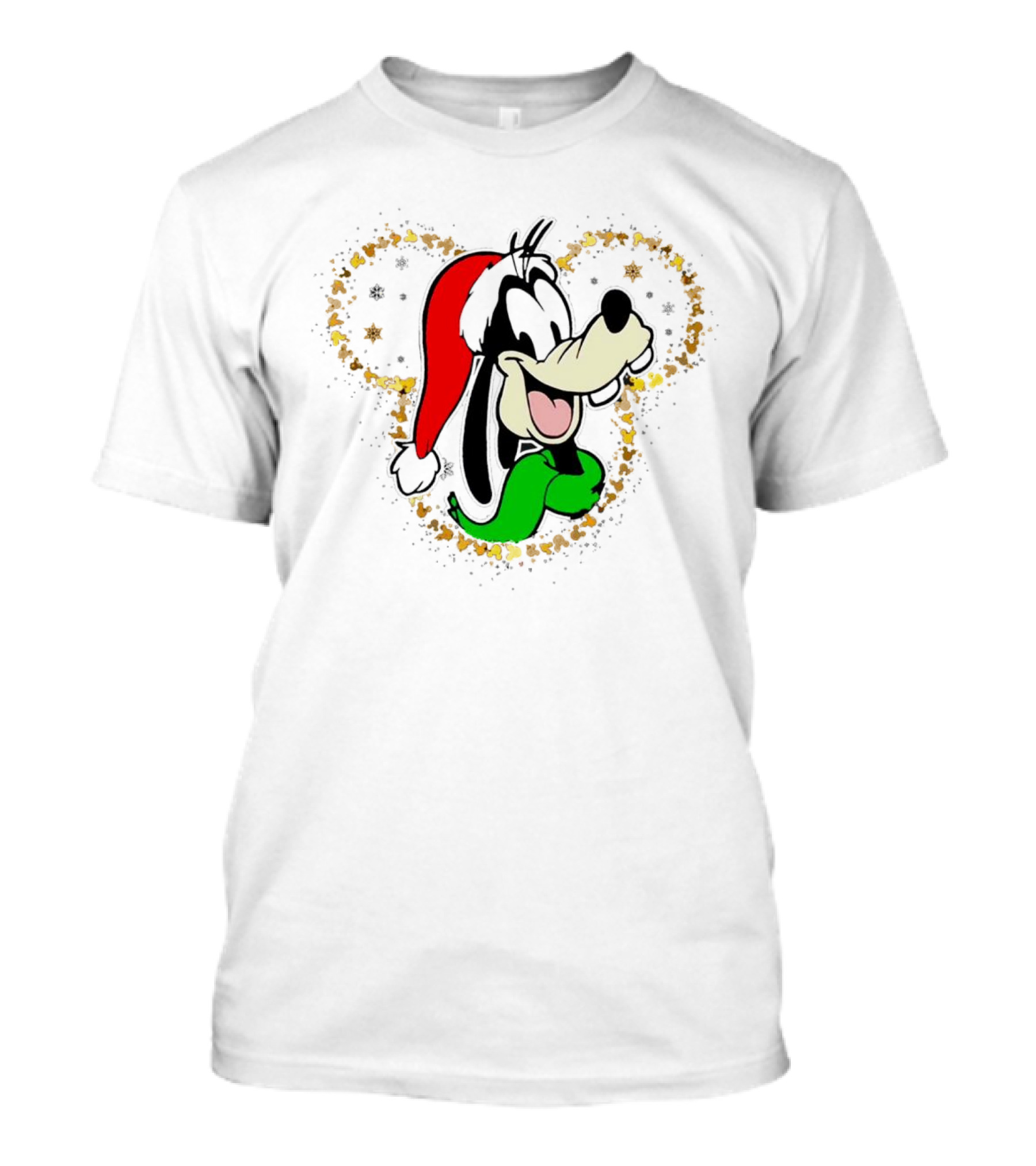 Santa Goofy With Red Hat In Gold Mickey Mouse Outline Christmas T-Shirt