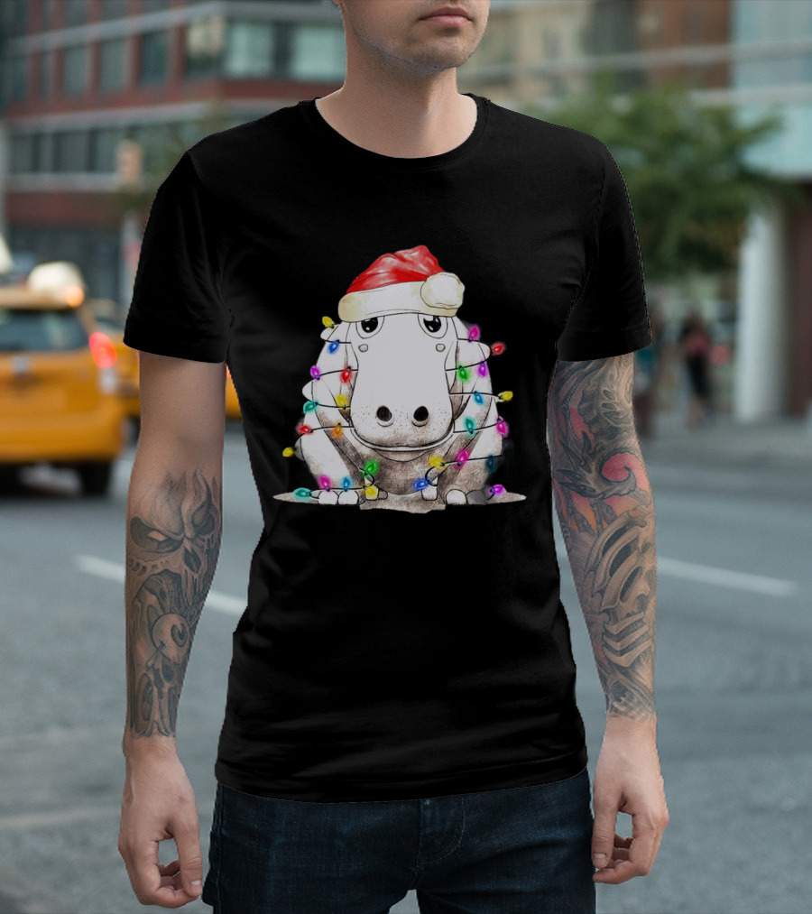 Santa Hippo Wrapped In Christmas Lights With Santa Hat T-Shirt