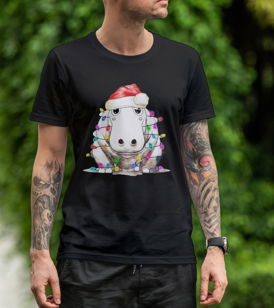 Santa Hippo Wrapped In Christmas Lights With Santa Hat T-Shirt