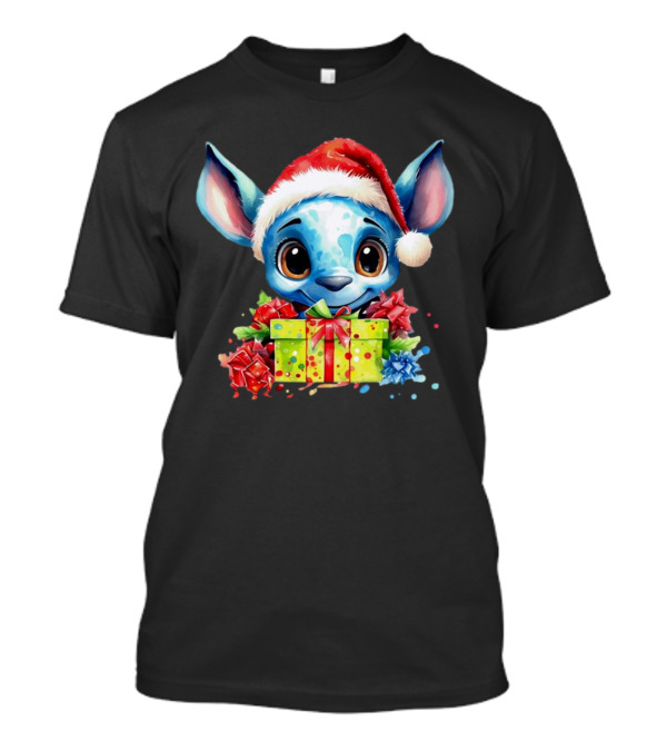 Santa Stitch Holiday Cheer With Christmas Present And Santa Hat T-Shirt