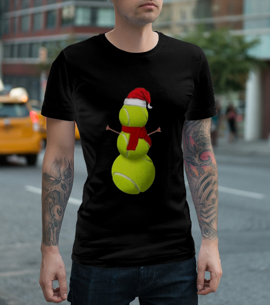 Tennis Ball Snowman with Santa Hat and Scarf Merry Christmas T-Shirt