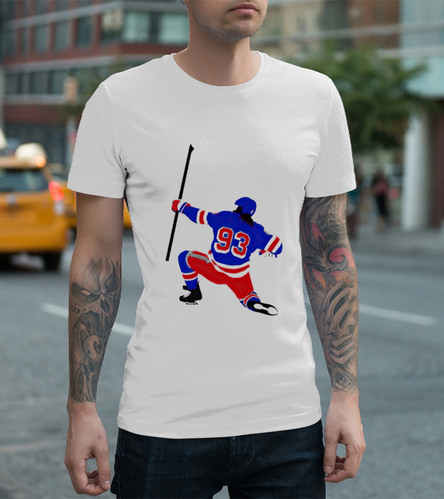 Mika Zibanejad Number 93 Hockey Celebration Iconic Bowing Pose T-Shirt