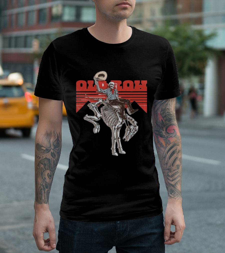 Old Row Skeleton Cowboy Riding A Skeleton Horse With Red Background Stripes T-Shirt