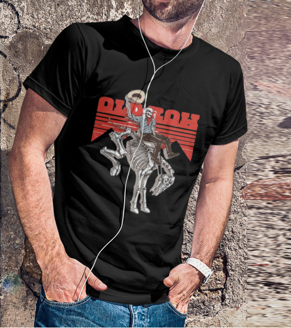 Old Row Skeleton Cowboy Riding A Skeleton Horse With Red Background Stripes T-Shirt