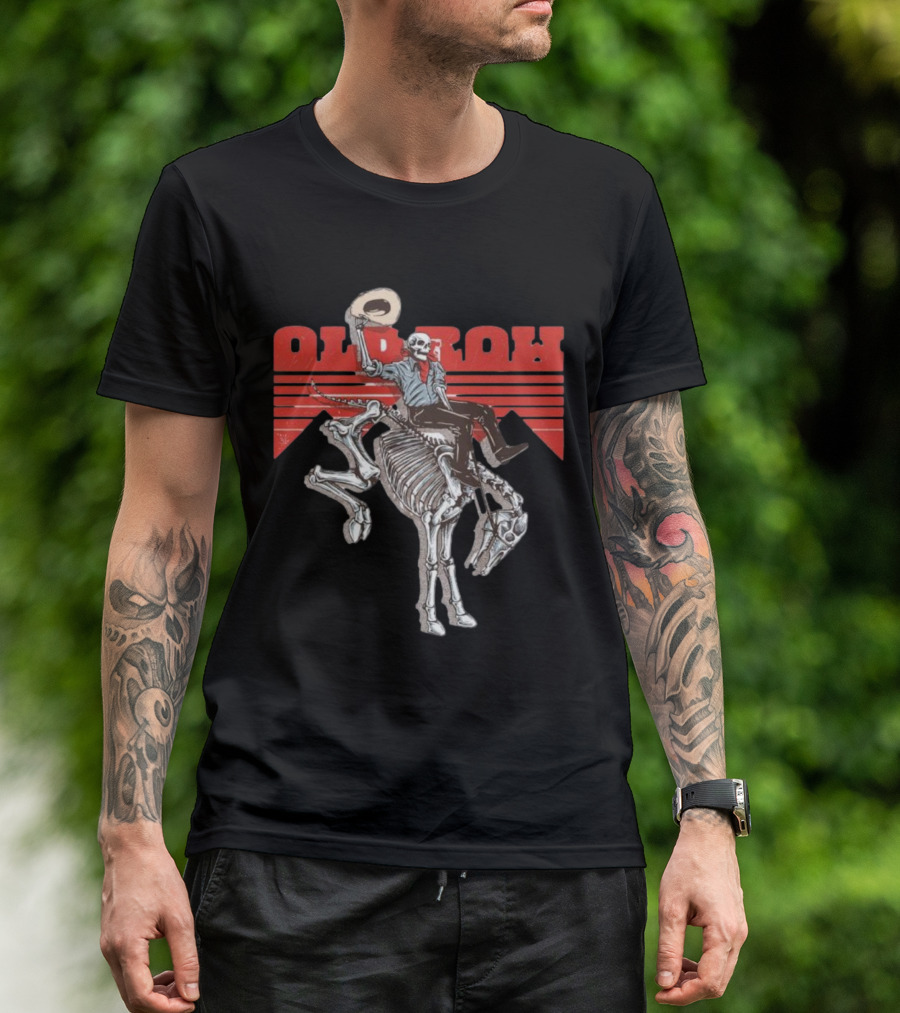 Old Row Skeleton Cowboy Riding A Skeleton Horse With Red Background Stripes T-Shirt
