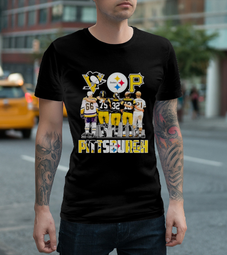 Pittsburgh Steelers Penguins Pirates Mario Lemieux Kevin Greene Franco Harris Terry Bradshaw Signatures T-Shirt