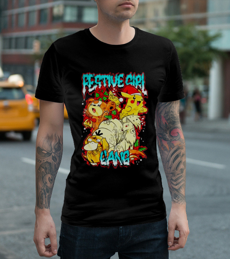 Festive Girl Gang Pokémon Pikachu Psyduck Clefairy Vulpix Christmas T-Shirt