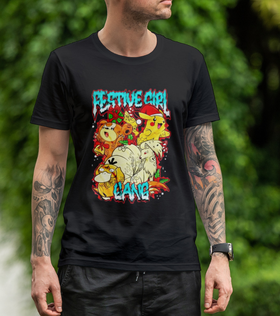 Festive Girl Gang Pokémon Pikachu Psyduck Clefairy Vulpix Christmas T-Shirt