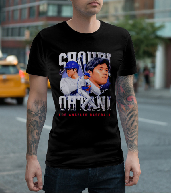 Shohei Ohtani Los Angeles Baseball Player Portrait And Action Scene T-Shirt
