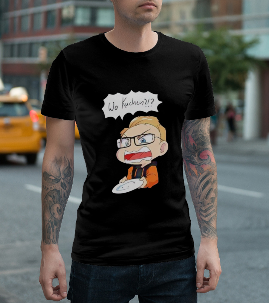 Wo Kuchen Cartoon Character With Glasses Holding A Plate T-Shirt