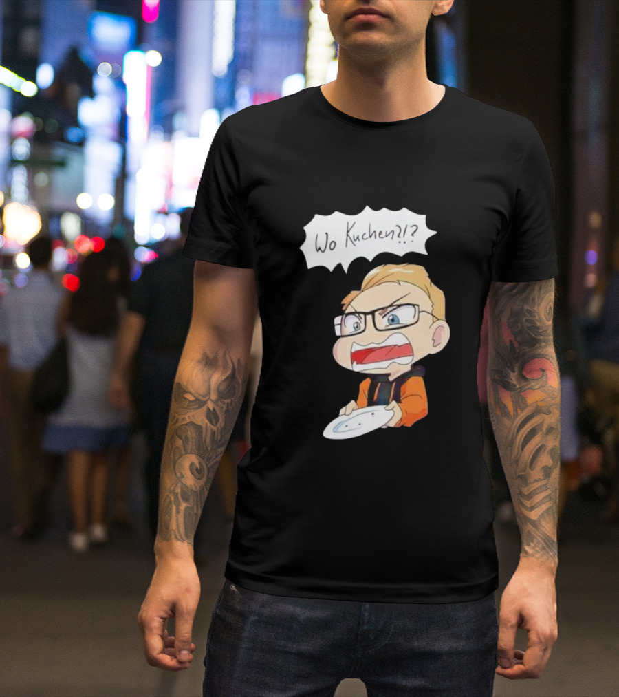 Wo Kuchen Cartoon Character With Glasses Holding A Plate T-Shirt
