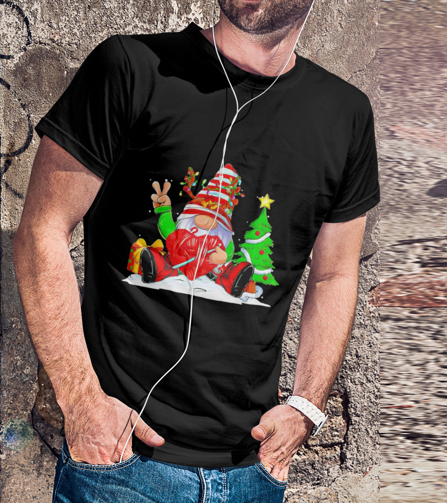 Gnome Love Peace Christmas Crochet Yarn Tree T-Shirt