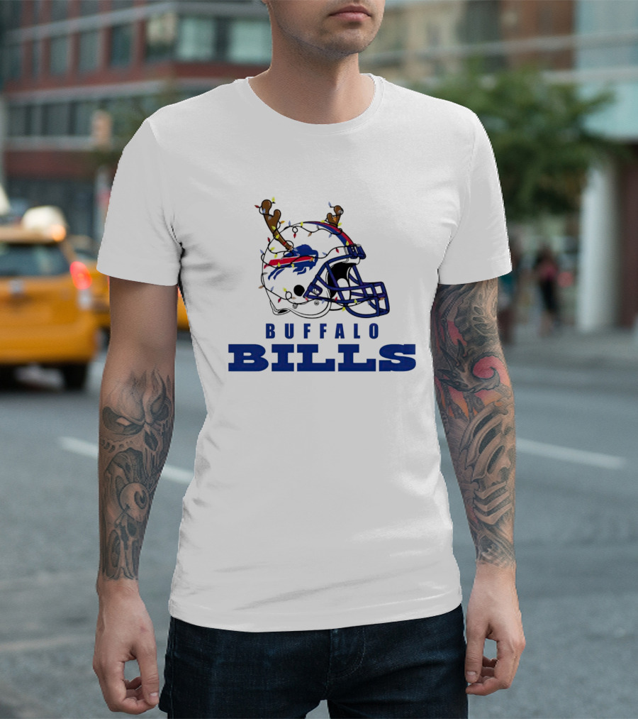 Buffalo Bills Helmet with Deer Antlers and Christmas Lights T-Shirt