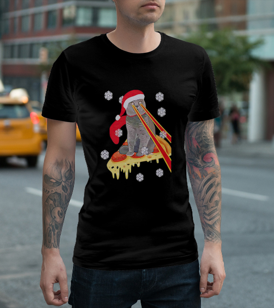 Santa Cat with Laser Eyes on Cheesy Pizza Snowflakes T-Shirt