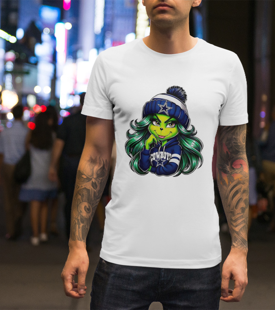 Grinch Girl In Dallas Cowboys Hat And Hoodie With Star T-Shirt