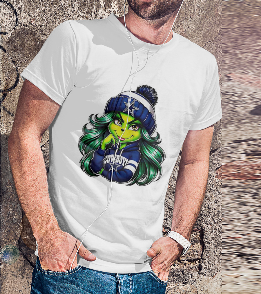 Grinch Girl In Dallas Cowboys Hat And Hoodie With Star T-Shirt