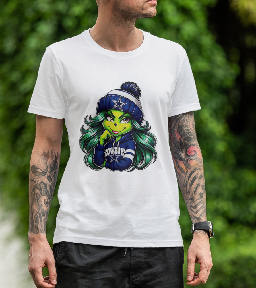 Grinch Girl In Dallas Cowboys Hat And Hoodie With Star T-Shirt