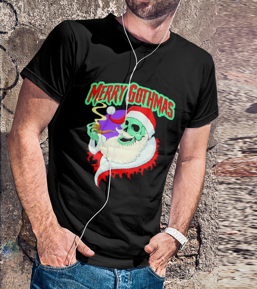 Merry Gothmas Skull Santa Smoking Holiday Greeting T-Shirt