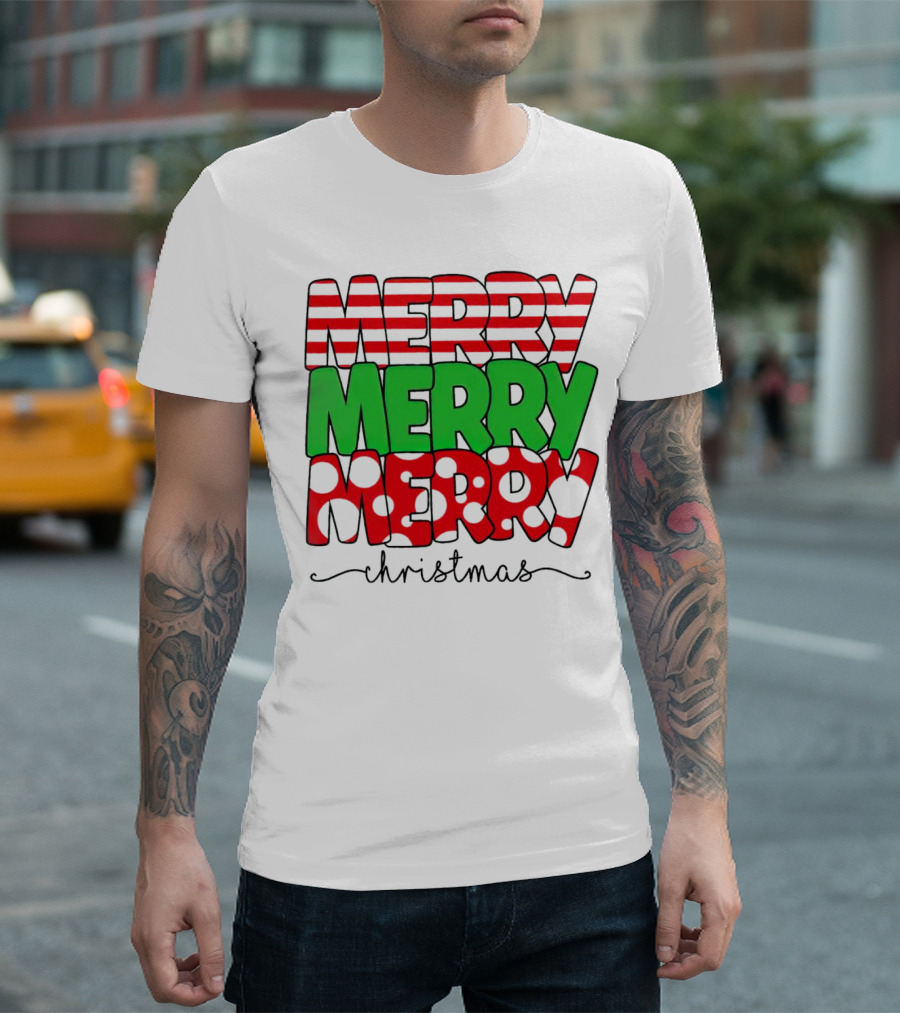 Merry Merry Merry Christmas Stripes And Polka Dots T-Shirt