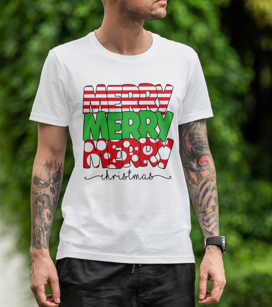 Merry Merry Merry Christmas Stripes And Polka Dots T-Shirt