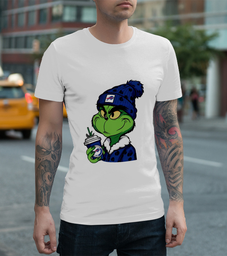Grinch in Buffalo Bills Beanie Holding Logo Cup T-Shirt