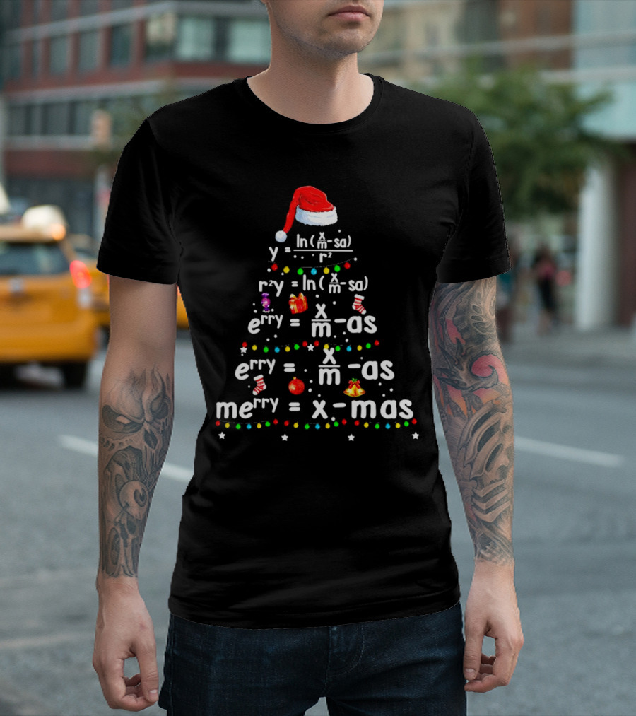 Merry Christmas Tree Math Equations in Santa Hat Form with Holiday Icons T-Shirt