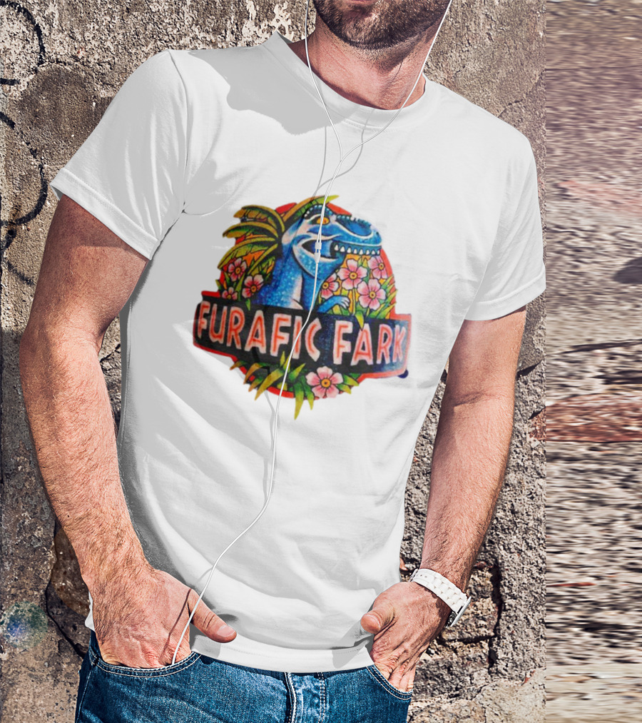 Furafic Fark Dinosaur With Tropical Flowers And Palm Leaves T-Shirt