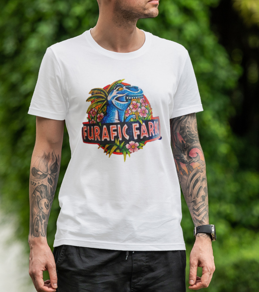 Furafic Fark Dinosaur With Tropical Flowers And Palm Leaves T-Shirt