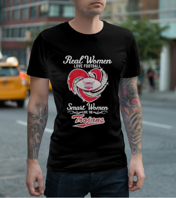 Real Women Love Football Smart Women Love The Trojans Football Heart T-Shirt