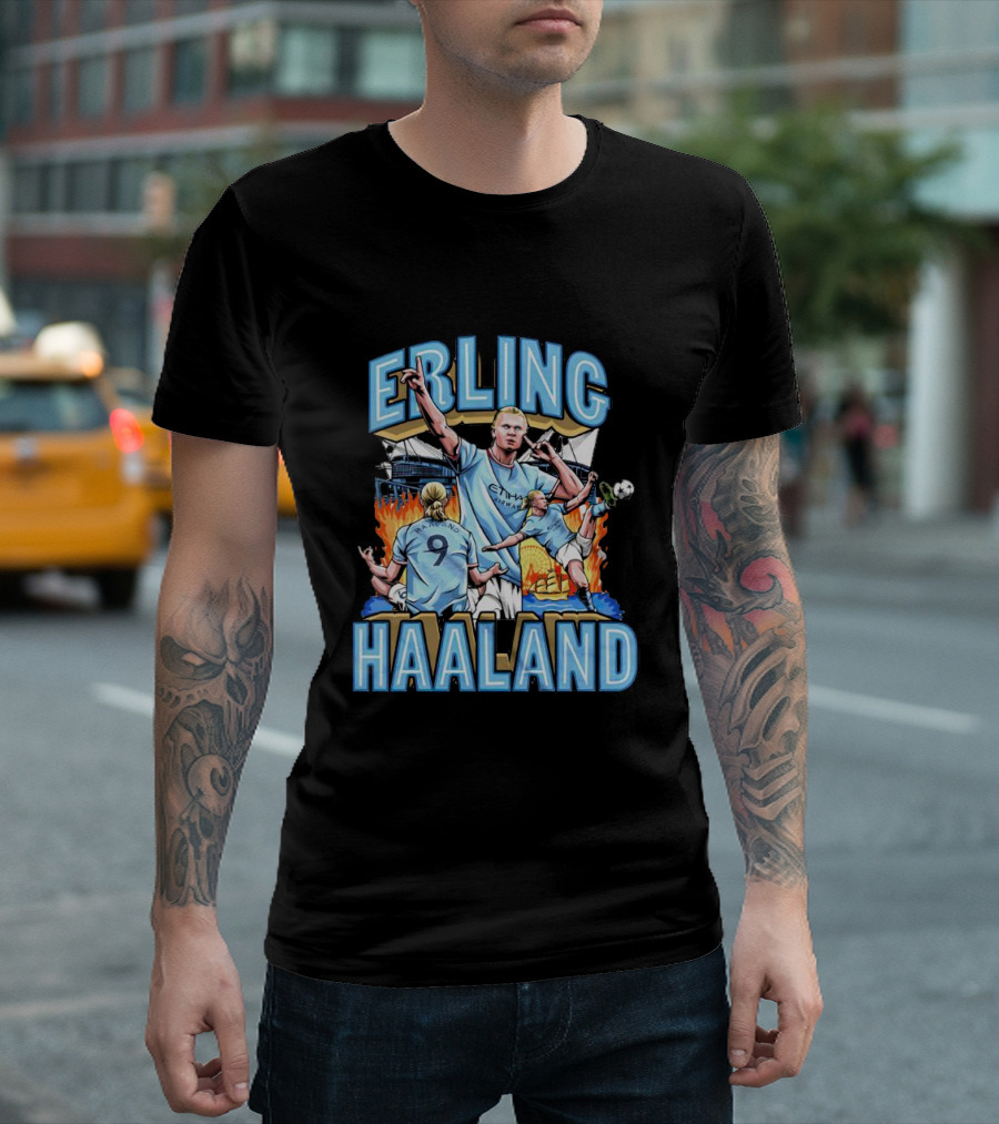 Erling Haaland MCFC Soccer Collage with Fiery Stadium Background T-Shirt