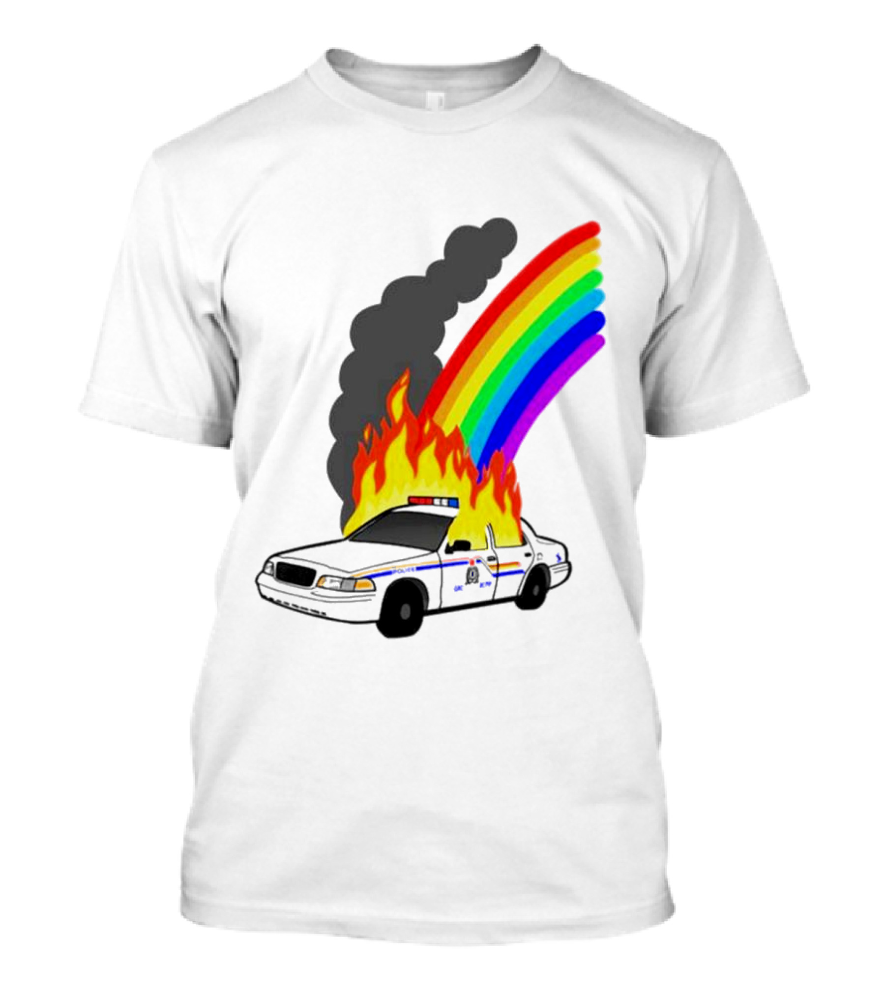 Police Car On Fire With Rainbow Flames T-Shirt