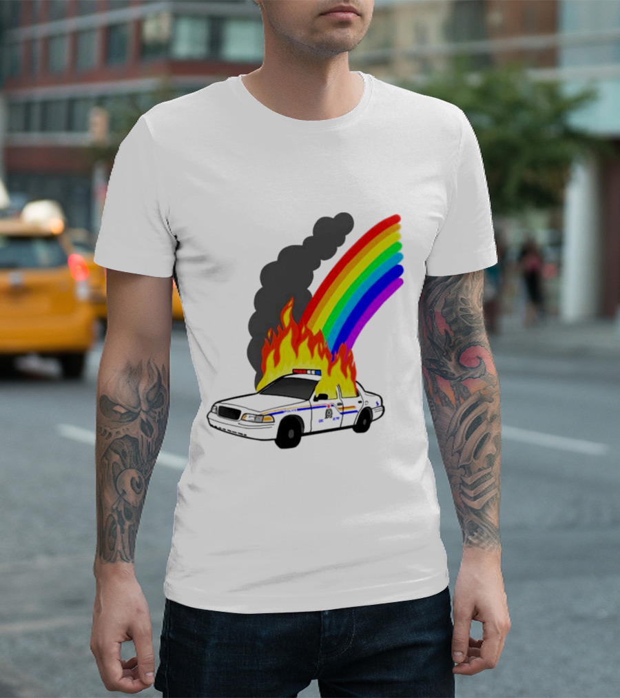 Police Car On Fire With Rainbow Flames T-Shirt