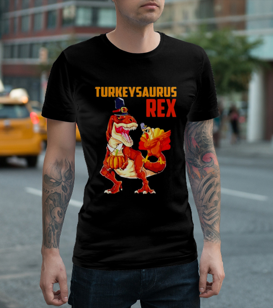 Turkeysaurus Rex Thanksgiving Dinosaur Holding Pumpkin and Turkey with Pilgrim Hat T-Shirt