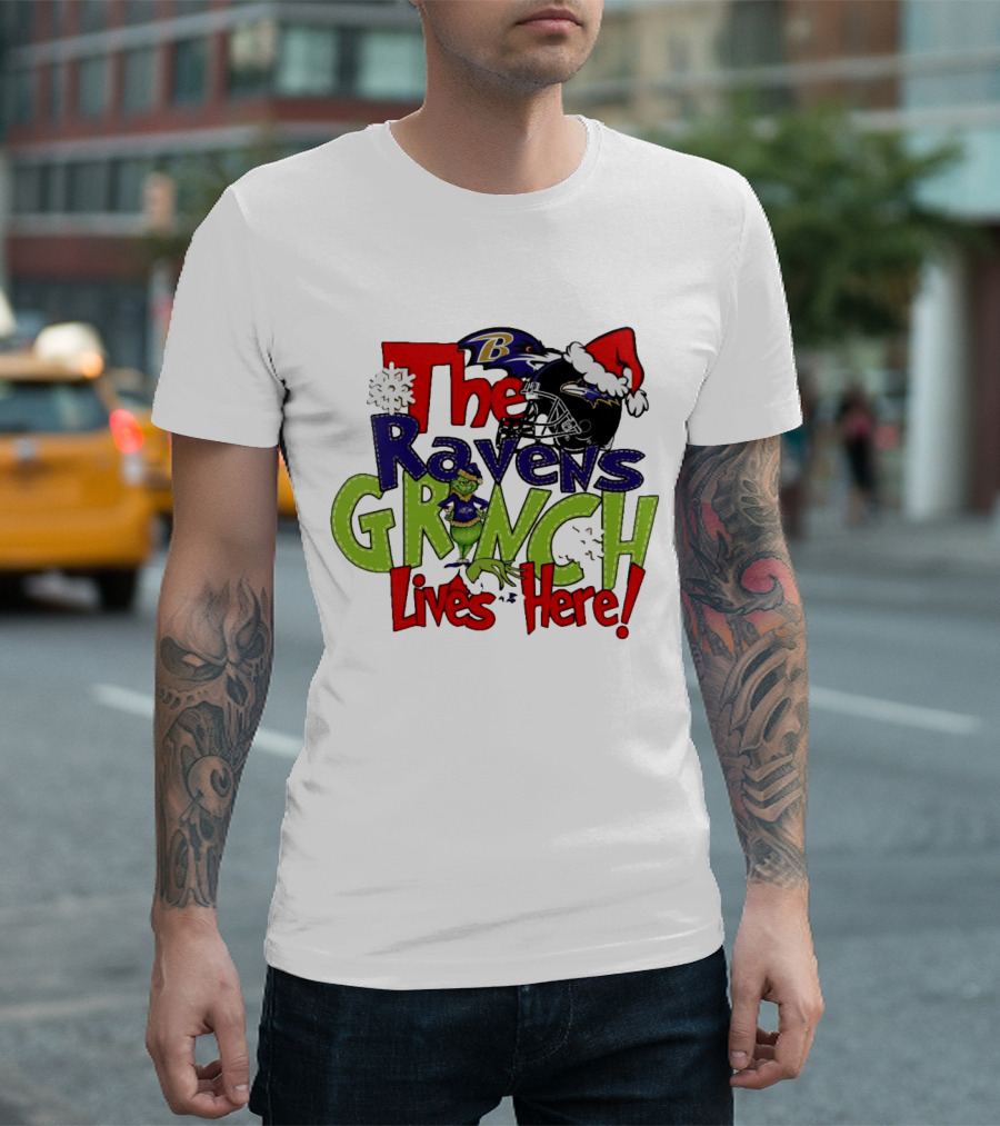 The Ravens Grinch Lives Here Christmas Ravens Logo Santa Hat T-Shirt