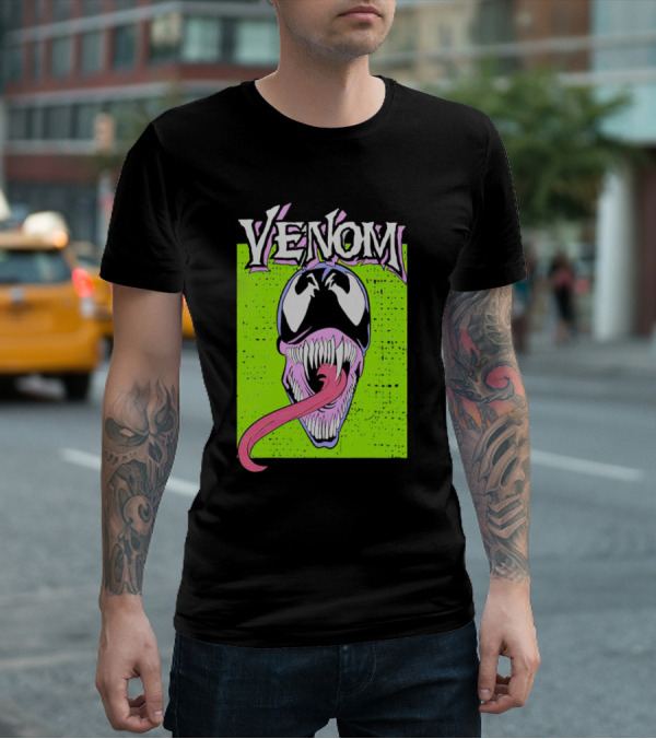 Venom Marvel Neon Pink Tongue Green Background T-Shirt