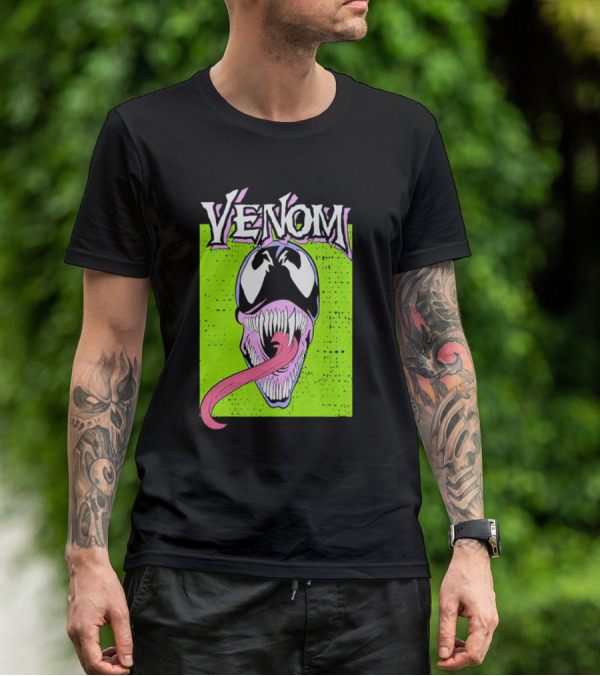 Venom Marvel Neon Pink Tongue Green Background T-Shirt