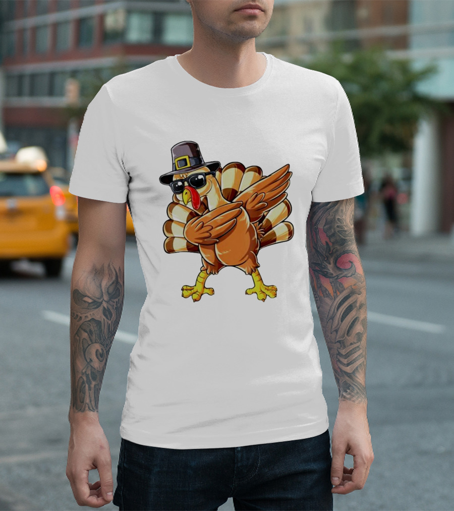 Thanksgiving Turkey Dabbing with Pilgrim Hat and Sunglasses T-Shirt