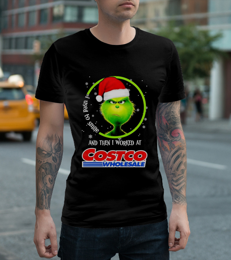 Grinch I Used to Smile And Then I Worked at Costco Wholesale Santa Hat Snowflakes T-Shirt