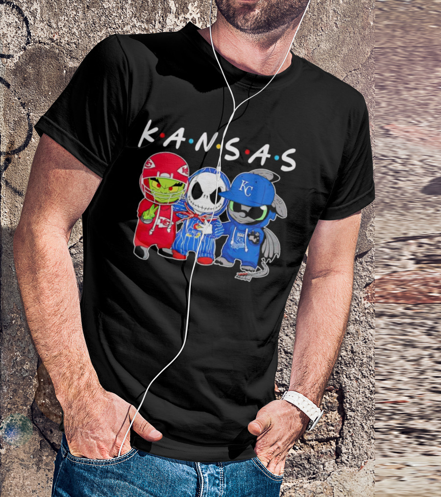 KANSAS Sports Characters Grinch Jack Skellington Toothless Chiefs Royals Jayhawks T-Shirt