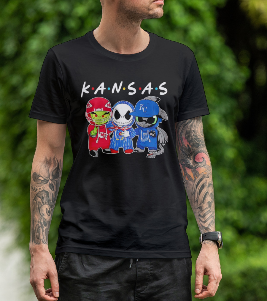 KANSAS Sports Characters Grinch Jack Skellington Toothless Chiefs Royals Jayhawks T-Shirt