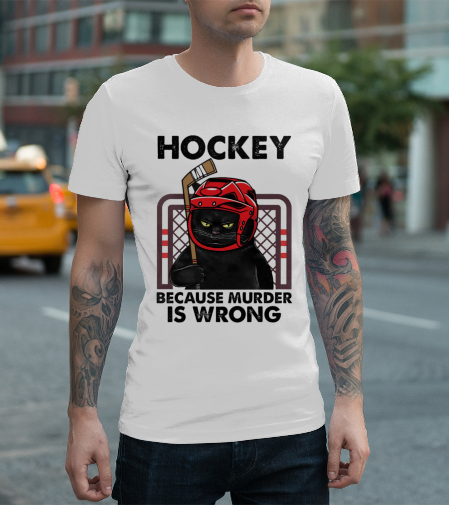 Hockey Cat in Red Helmet Because Murder is Wrong T-Shirt