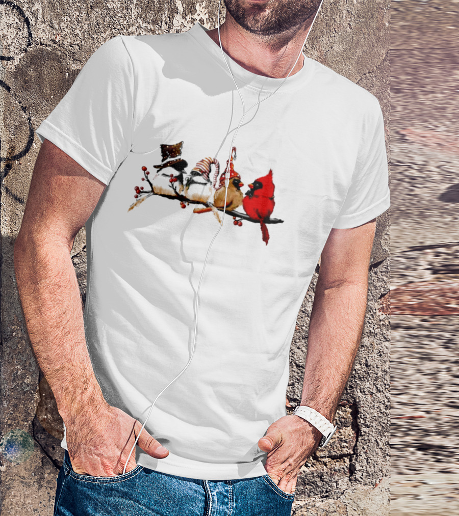 Cardinals Chickadees Christmas Birds On Branch With Festive Hats T-Shirt