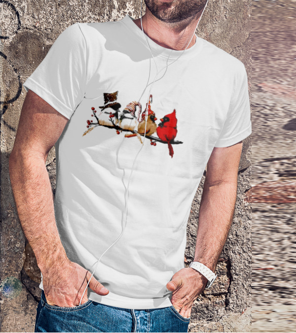 Cardinals Chickadees Christmas Birds On Branch With Festive Hats T-Shirt