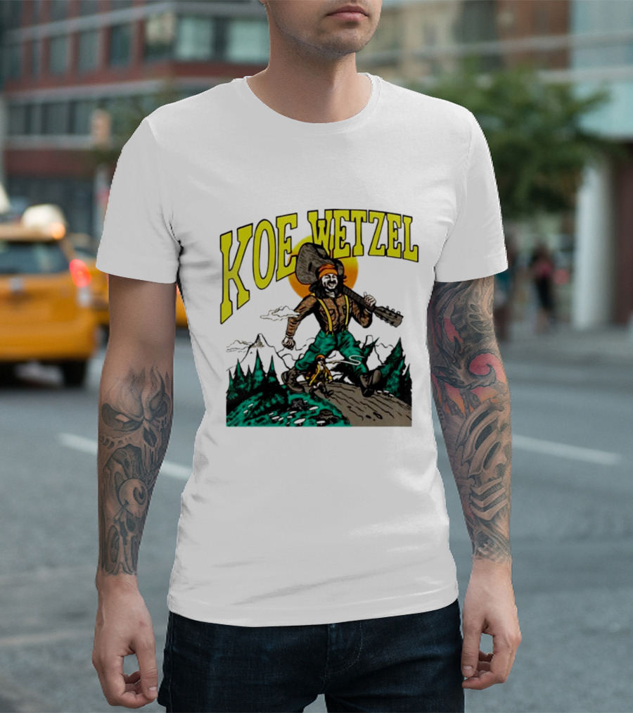 Koe Wetzel Koe Bunyan Lumberjack with Guitar and Dog in Mountain Scene T-Shirt
