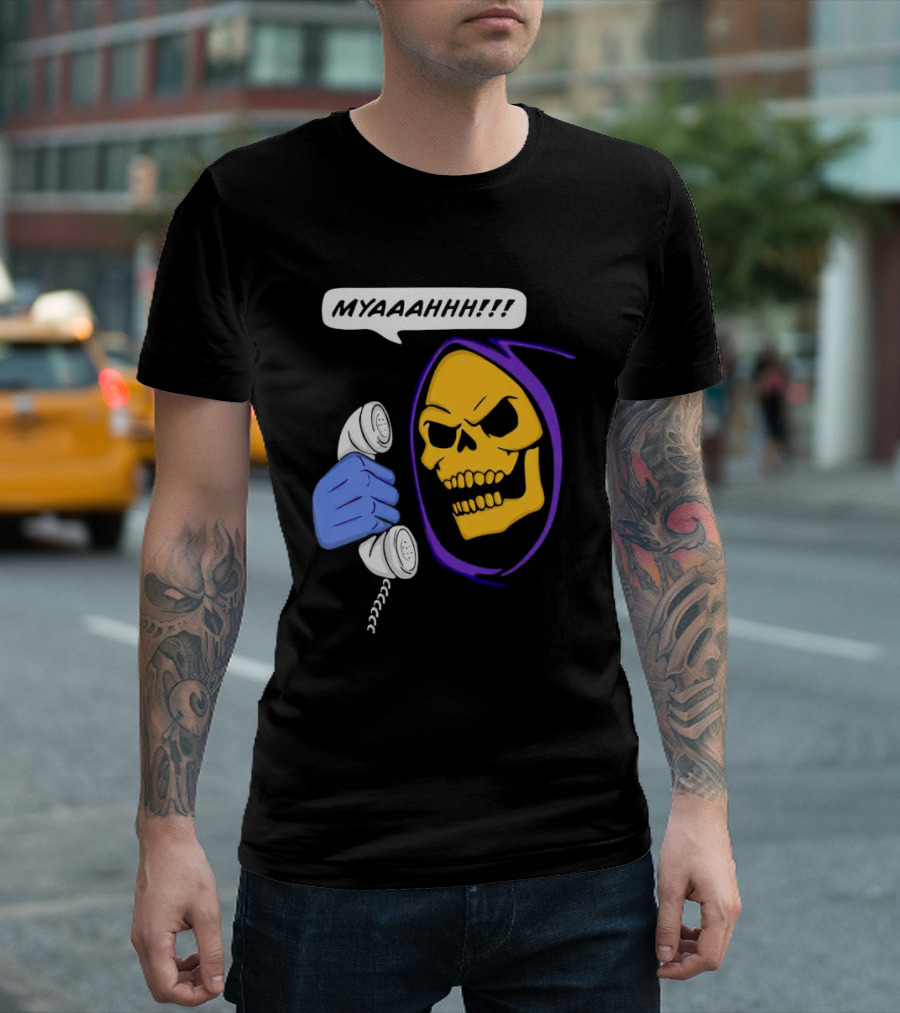 Skeletor Myahhh Phone Call Retro Villain Humor T-Shirt