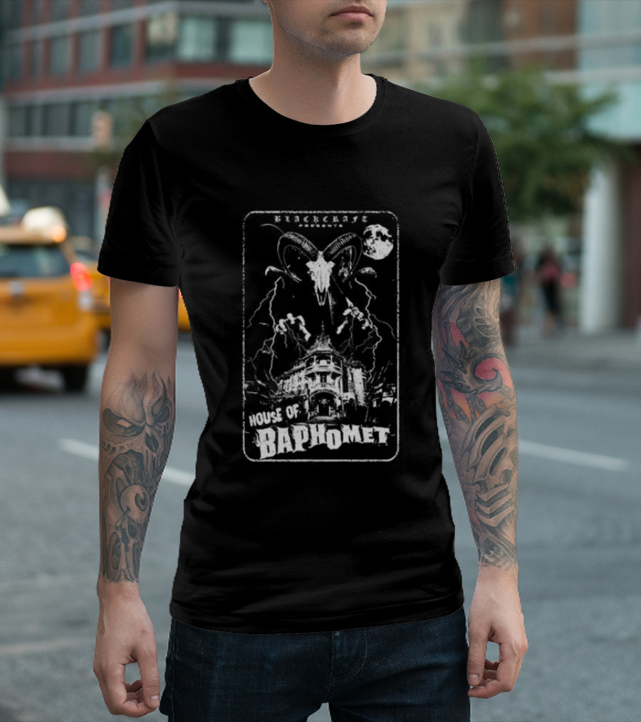 Blackcraft Cult Blackcraft Presents House Of Baphomet Goat Head Lightning Full Moon Dark T-Shirt