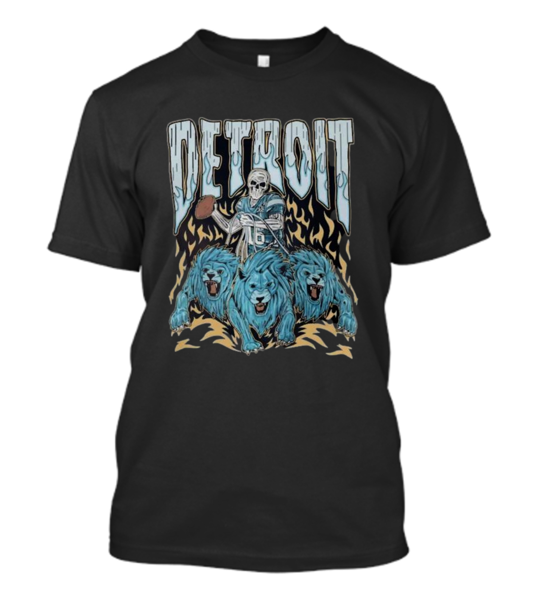 Detroit Skull Quarterback With Football And Blue Lions T-Shirt
