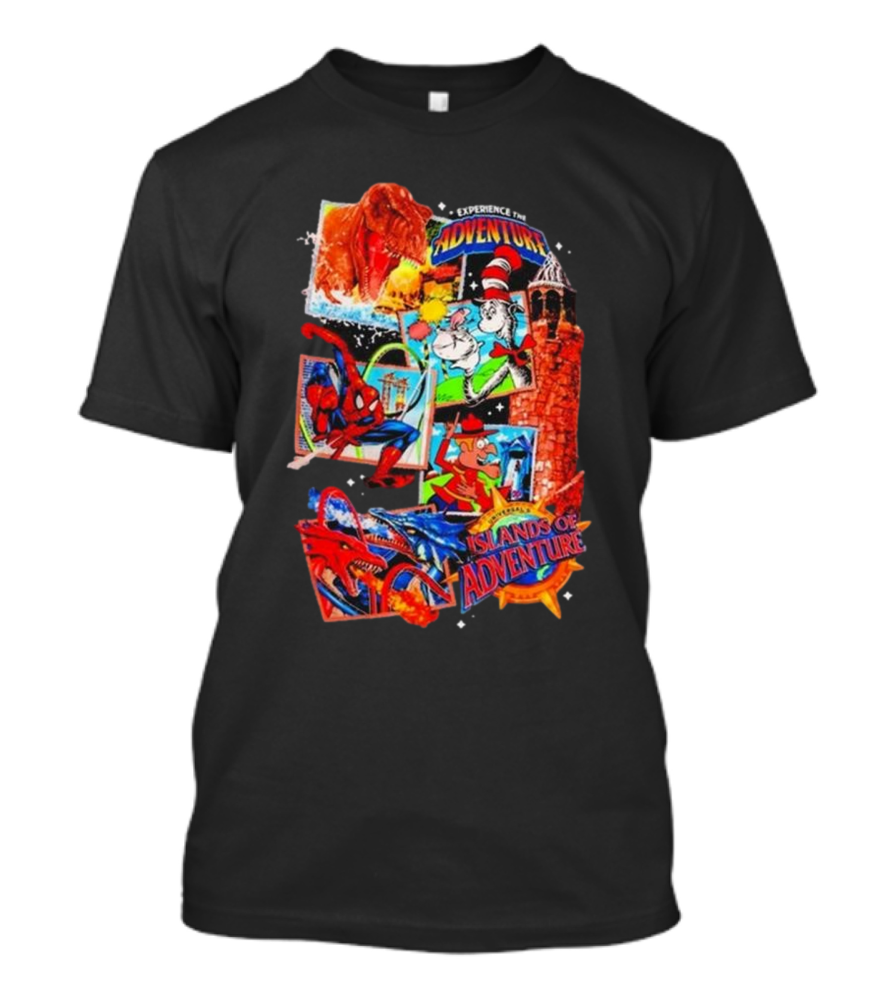 Experience Adventure Islands Of Adventure 25th Anniversary Spider-Man Jurassic Park Dr. Seuss T-Shirt