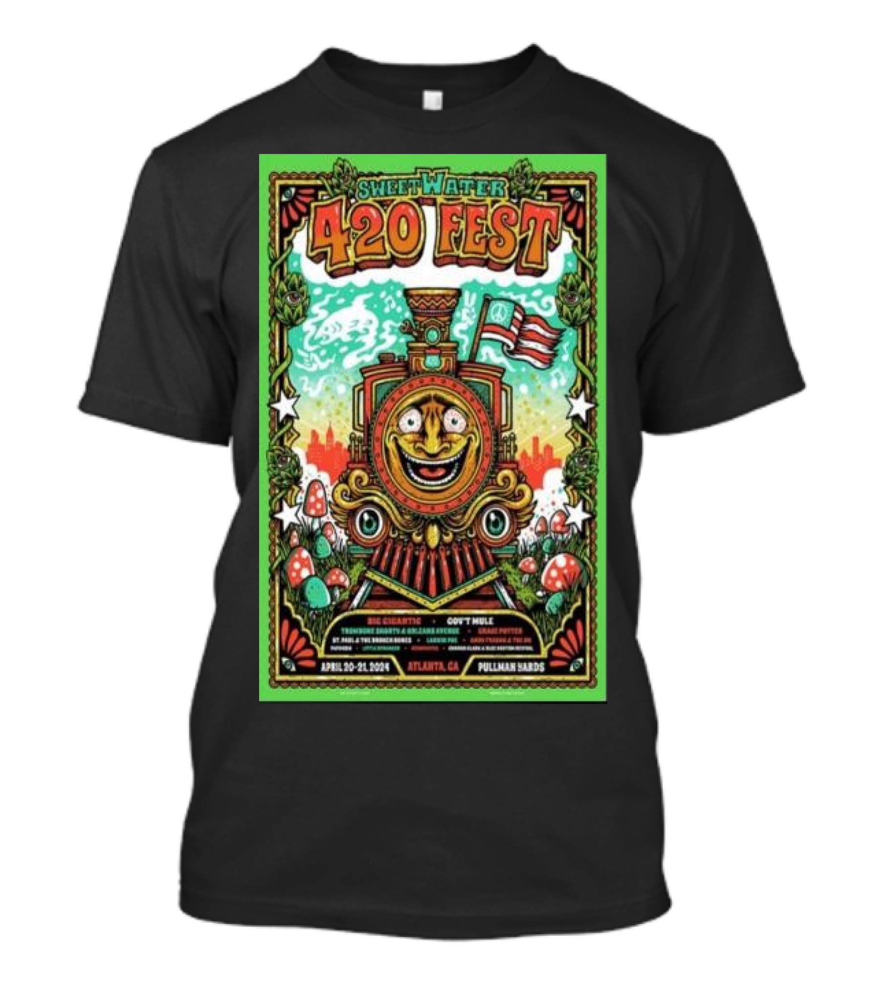 SweetWater 420 Fest Pullman Yards Atlanta GA April 20-21 2024 Train Engine Red White Flag Psychedelic Mushrooms Stars T-Shirt