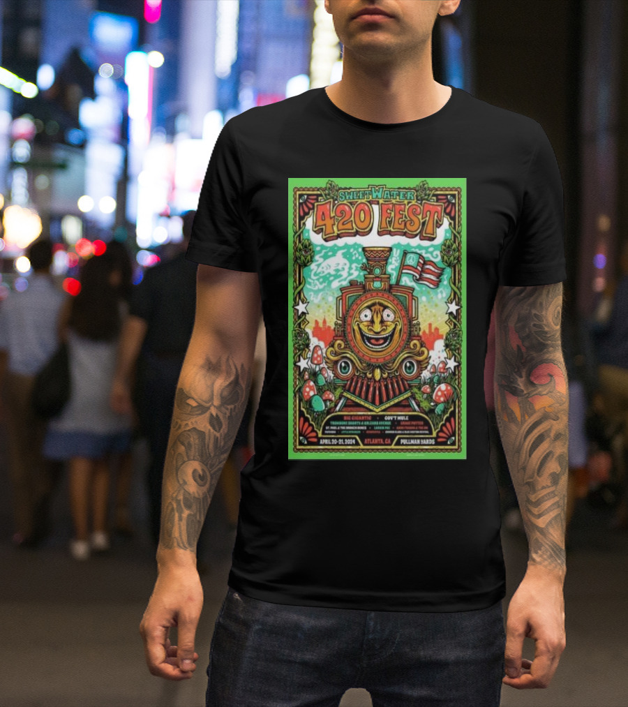 SweetWater 420 Fest Pullman Yards Atlanta GA April 20-21 2024 Train Engine Red White Flag Psychedelic Mushrooms Stars T-Shirt